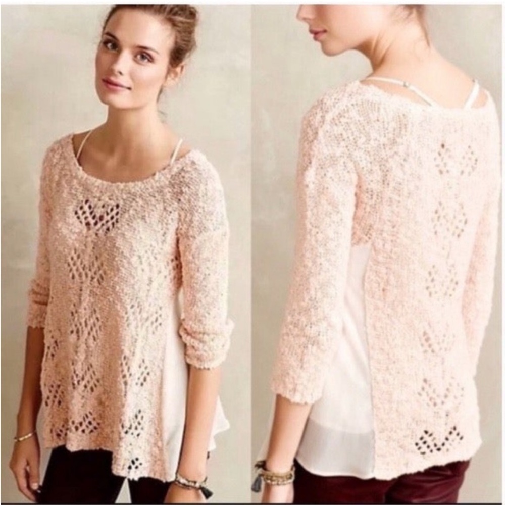 Anthropologie Knitted & Knotted Sylt Pointelle Peach Sweater Size Small